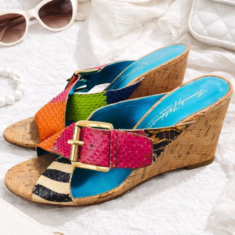 Beverly Feldman 80’s Karena Mixed Print Colorful Belted Cork Wedges‎ Size 7